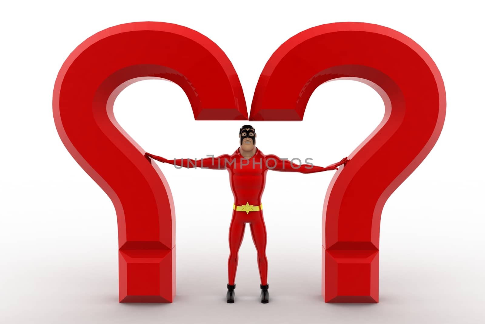 3d superhero  standing between question mark concept by touchmenithin@gmail.com