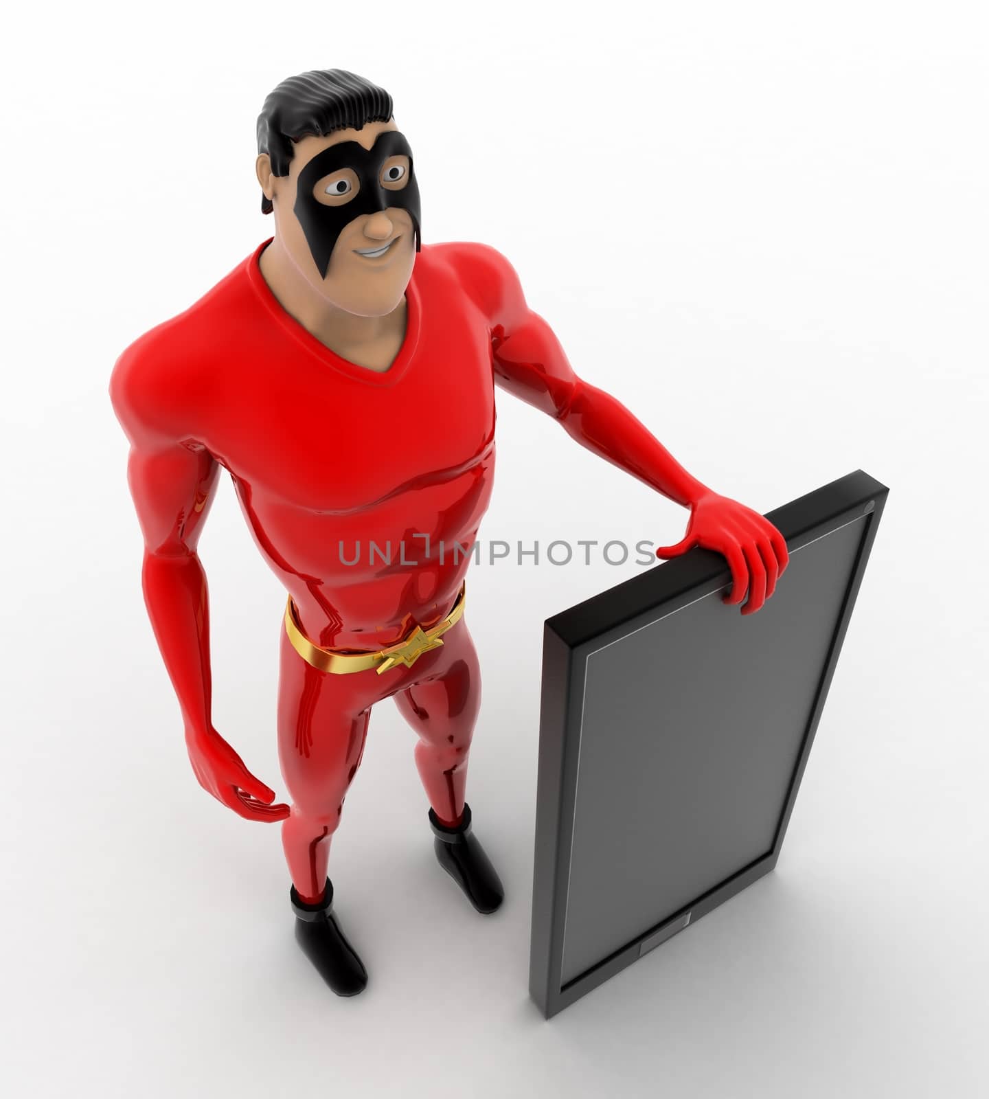 3d superhero  with smartphone concept on white background,  topangle view