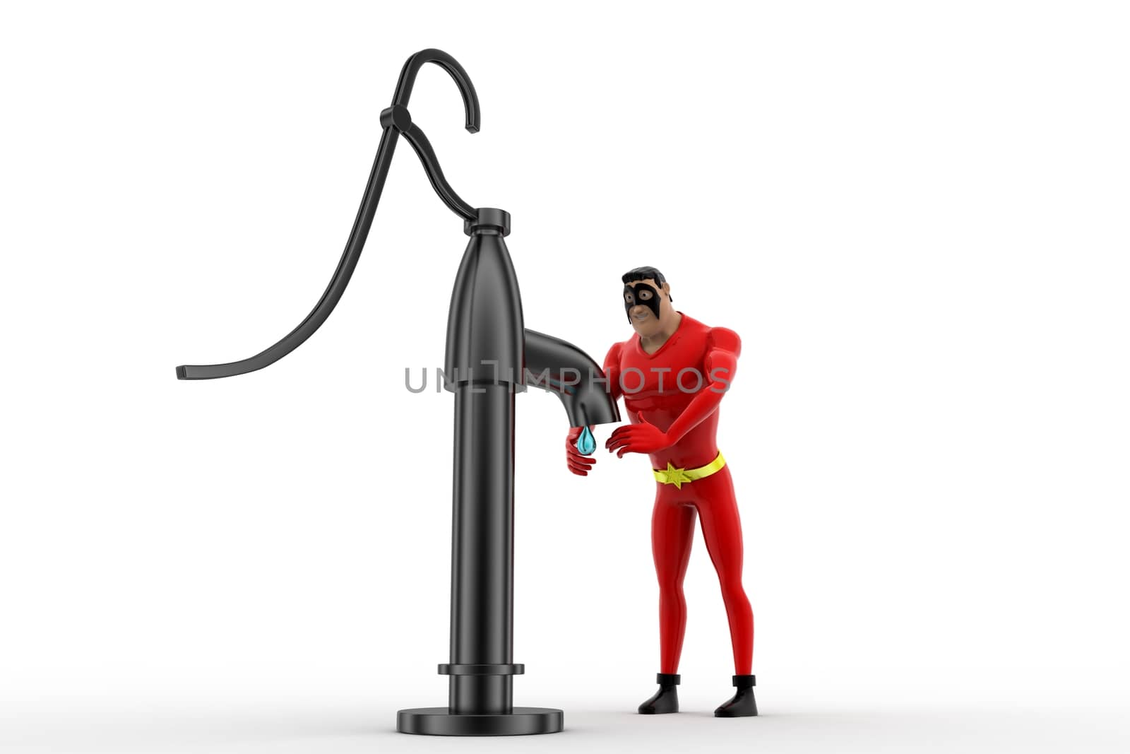 3d superhero  drawing water from water pump concept on white background, side angle view