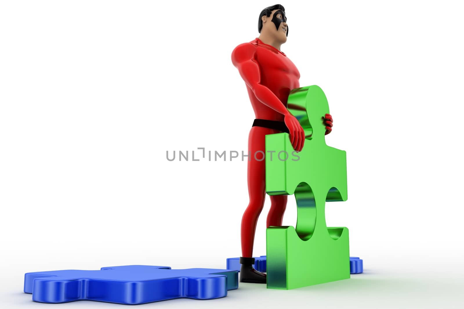 3d superhero  holding  piece of puzzle concept by touchmenithin@gmail.com