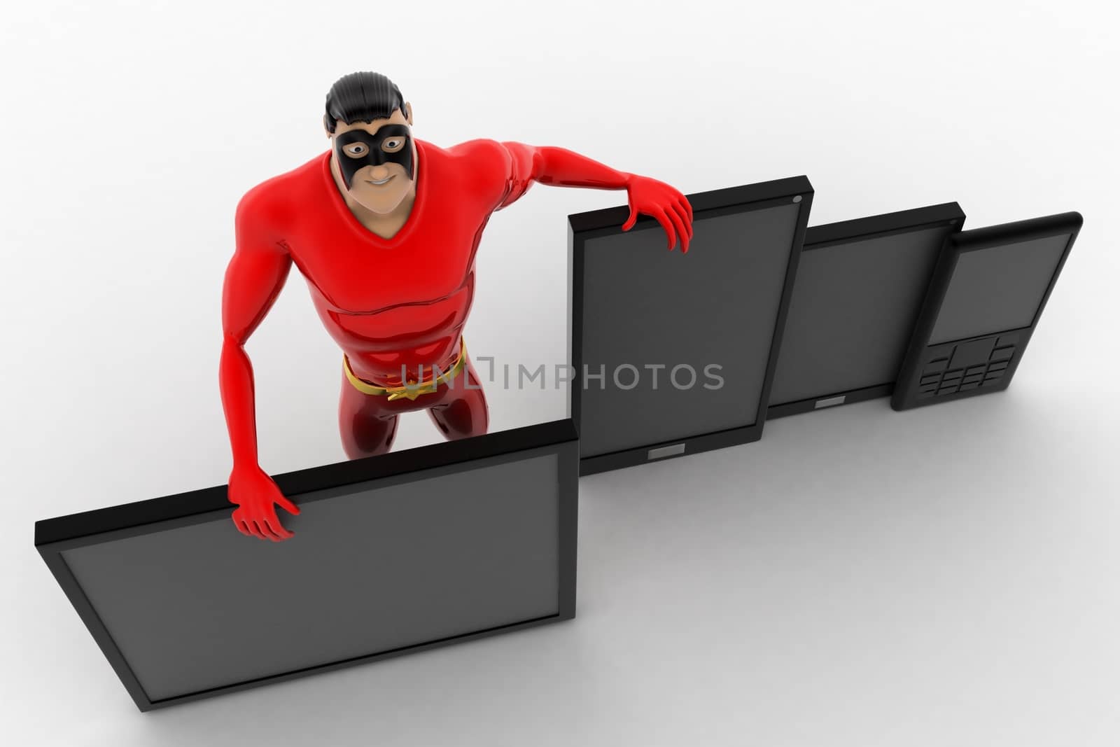 3d superhero  with tablet and touch phones concept by touchmenithin@gmail.com