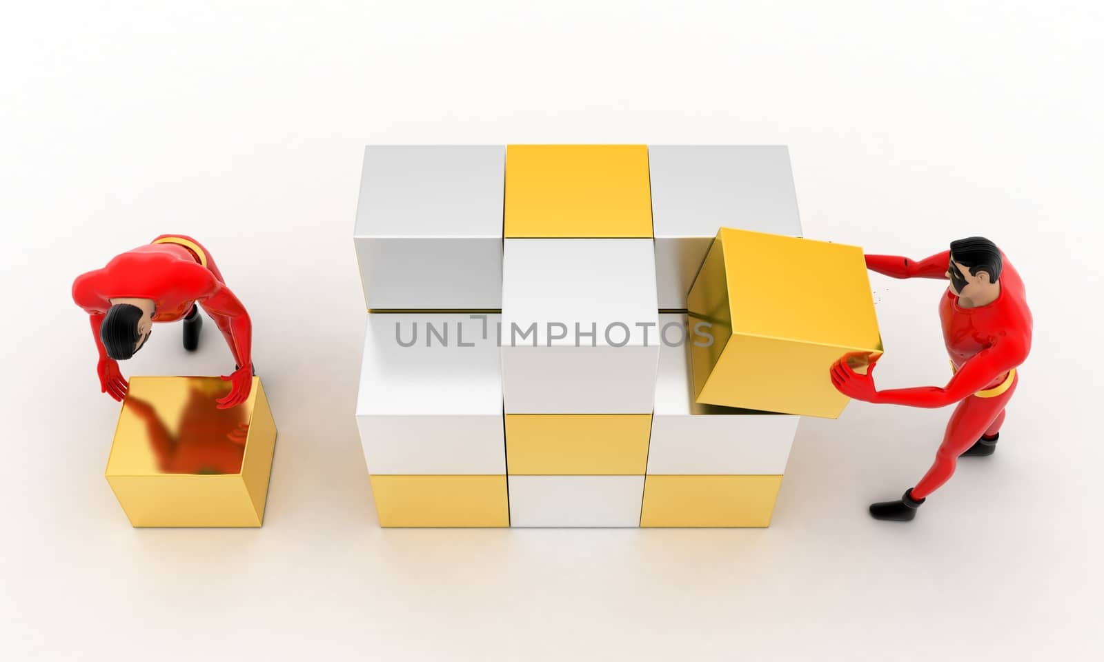 3d superhero  making big cube from small silver and golden cubes concept on white background,  top angle view