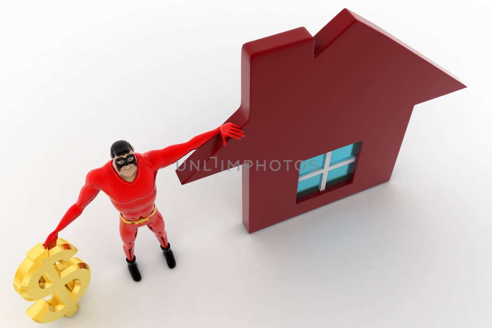 3d superhero  with dollar symbol and home icon concept on white background, top angle view