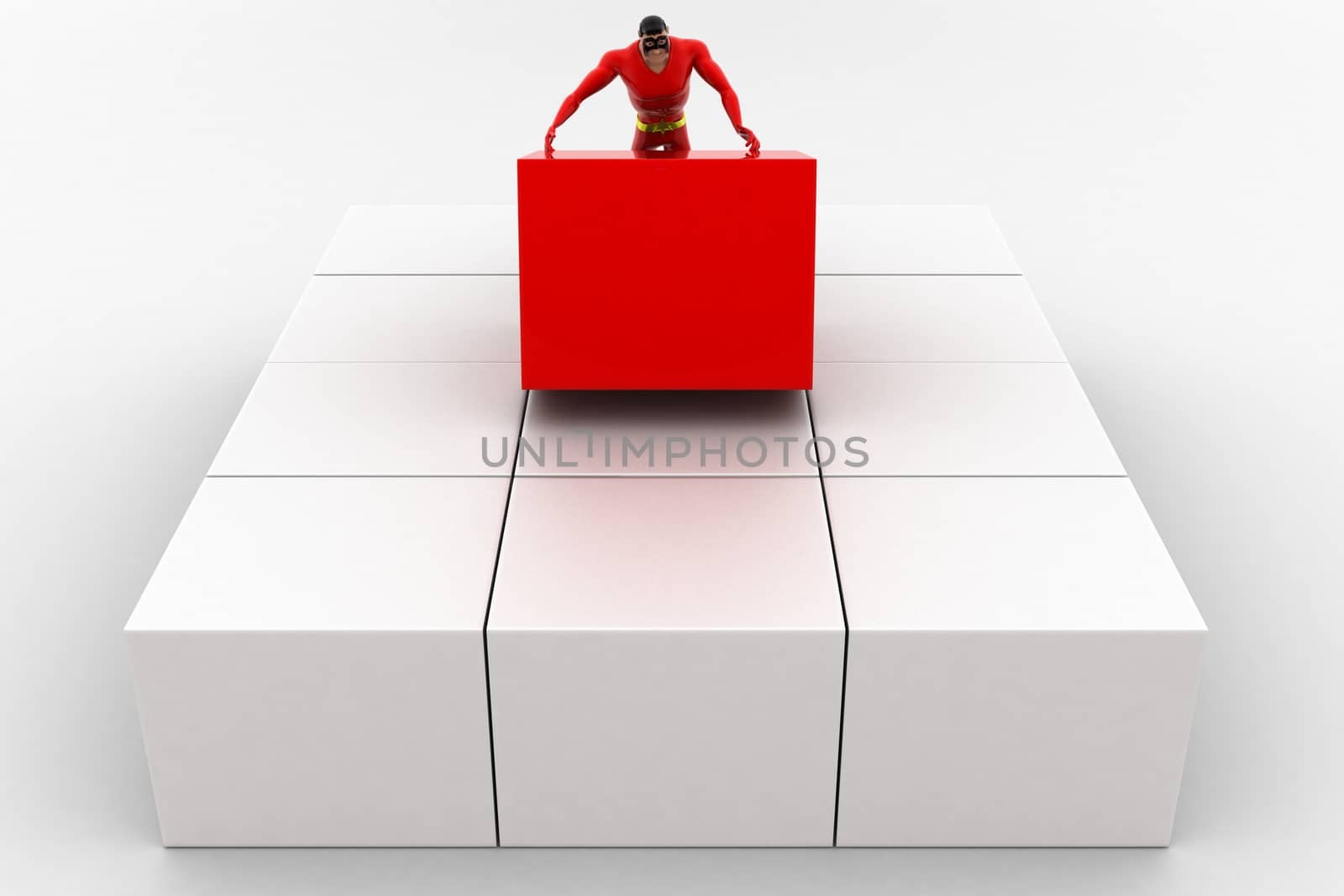 3d superhero  put box in center of other boxes concept on white background, top angle view