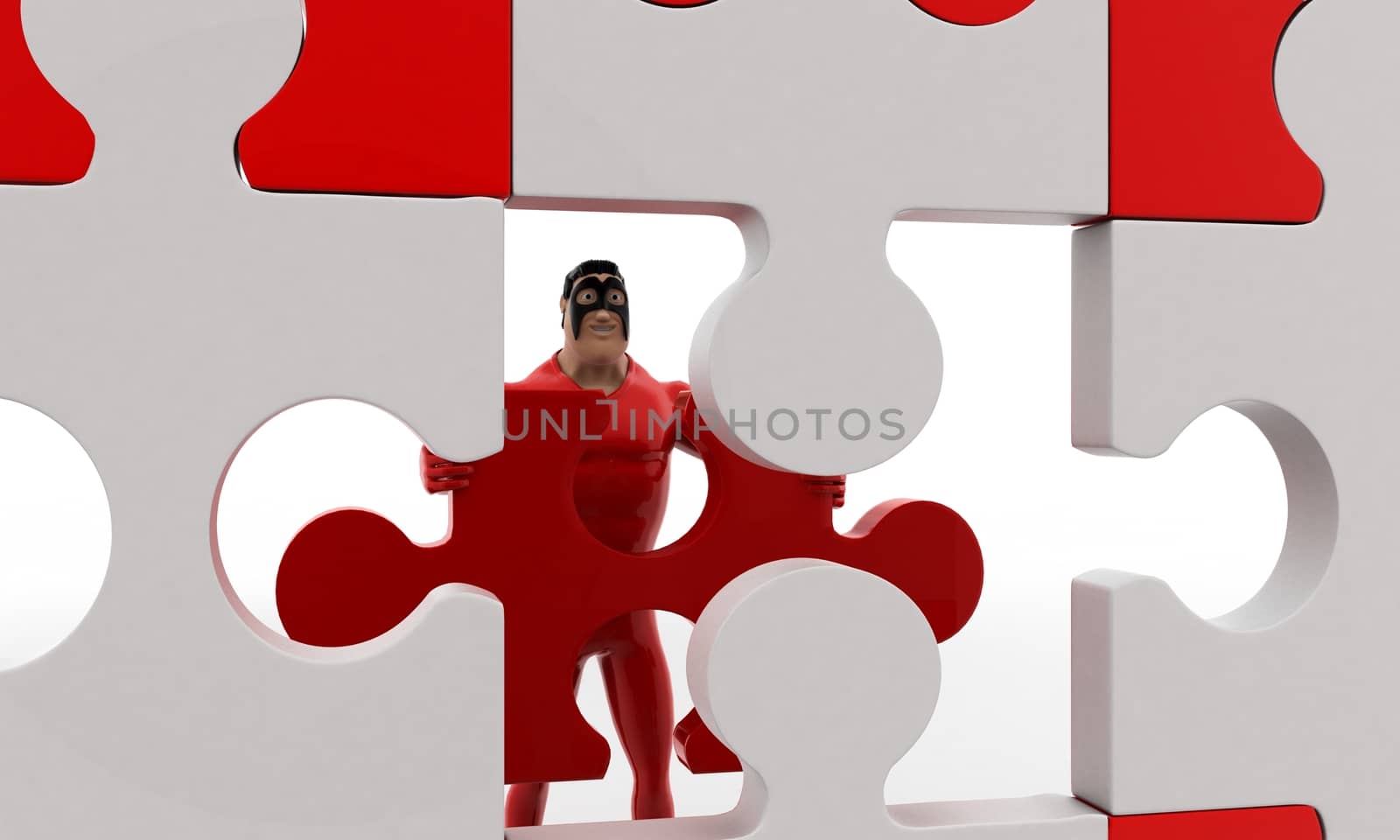 3d superhero  put last piece of puzzle on puzzle concept by touchmenithin@gmail.com