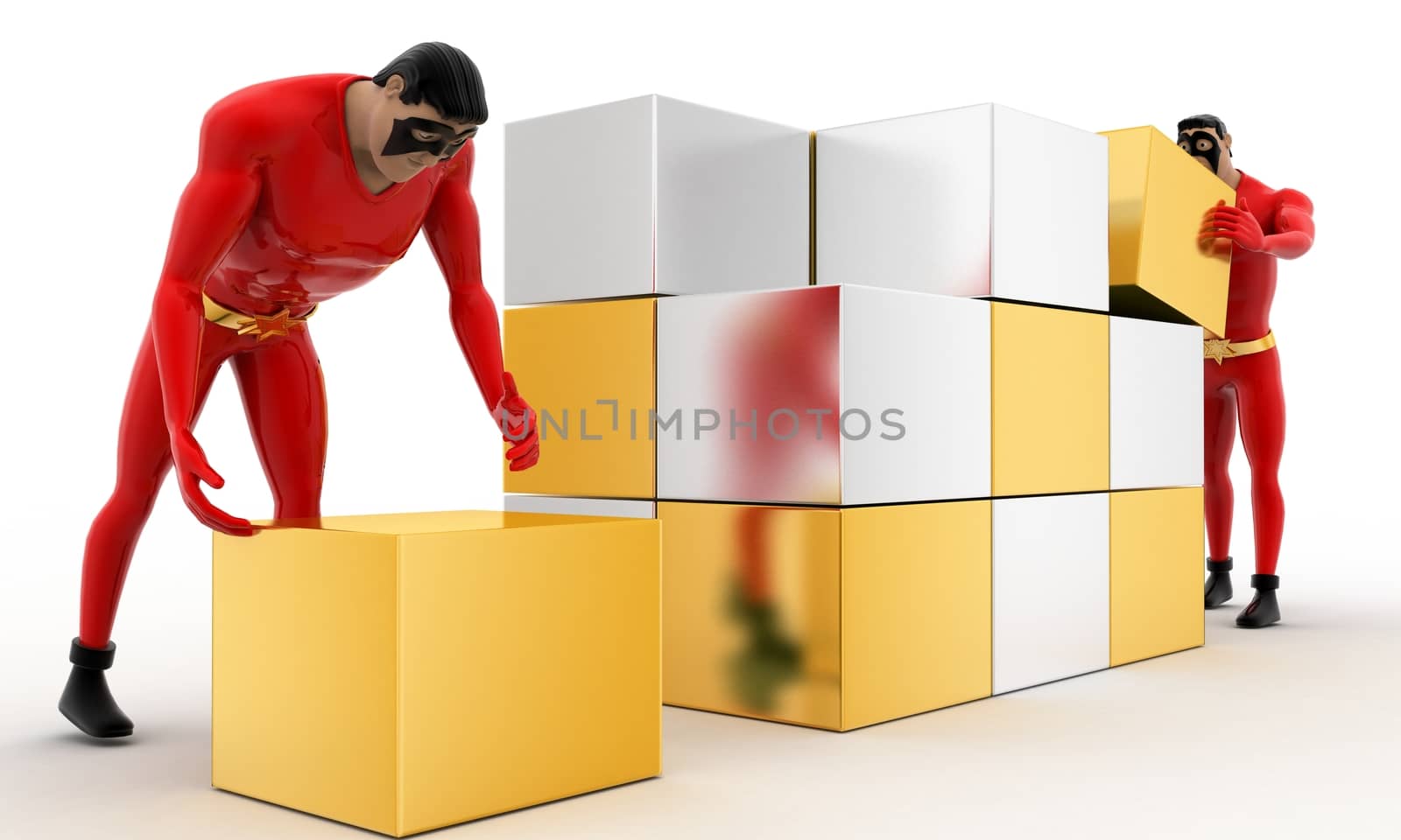 3d superhero  making big cube from small silver and golden cubes concept by touchmenithin@gmail.com