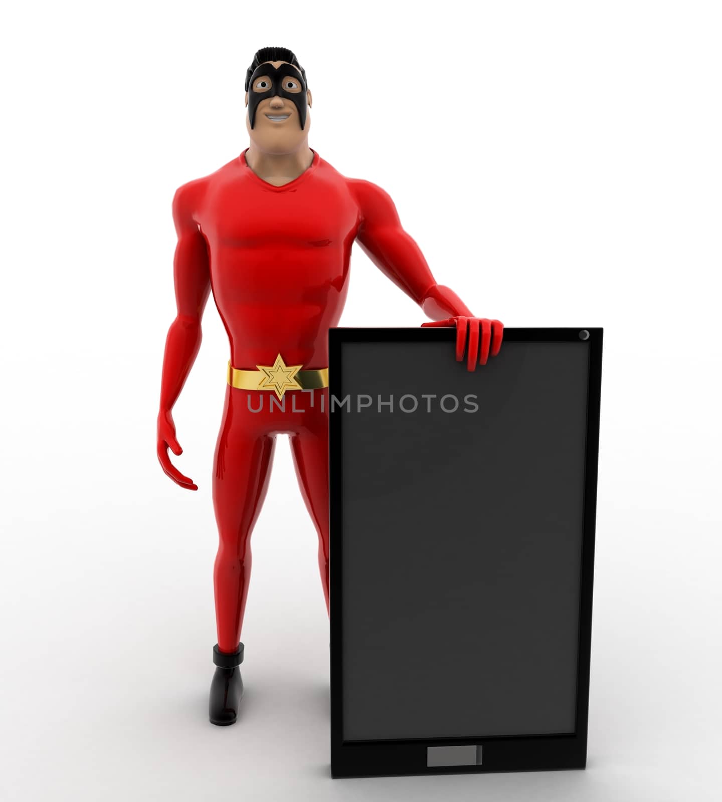 3d superhero  with smartphone concept on white background, front angle view