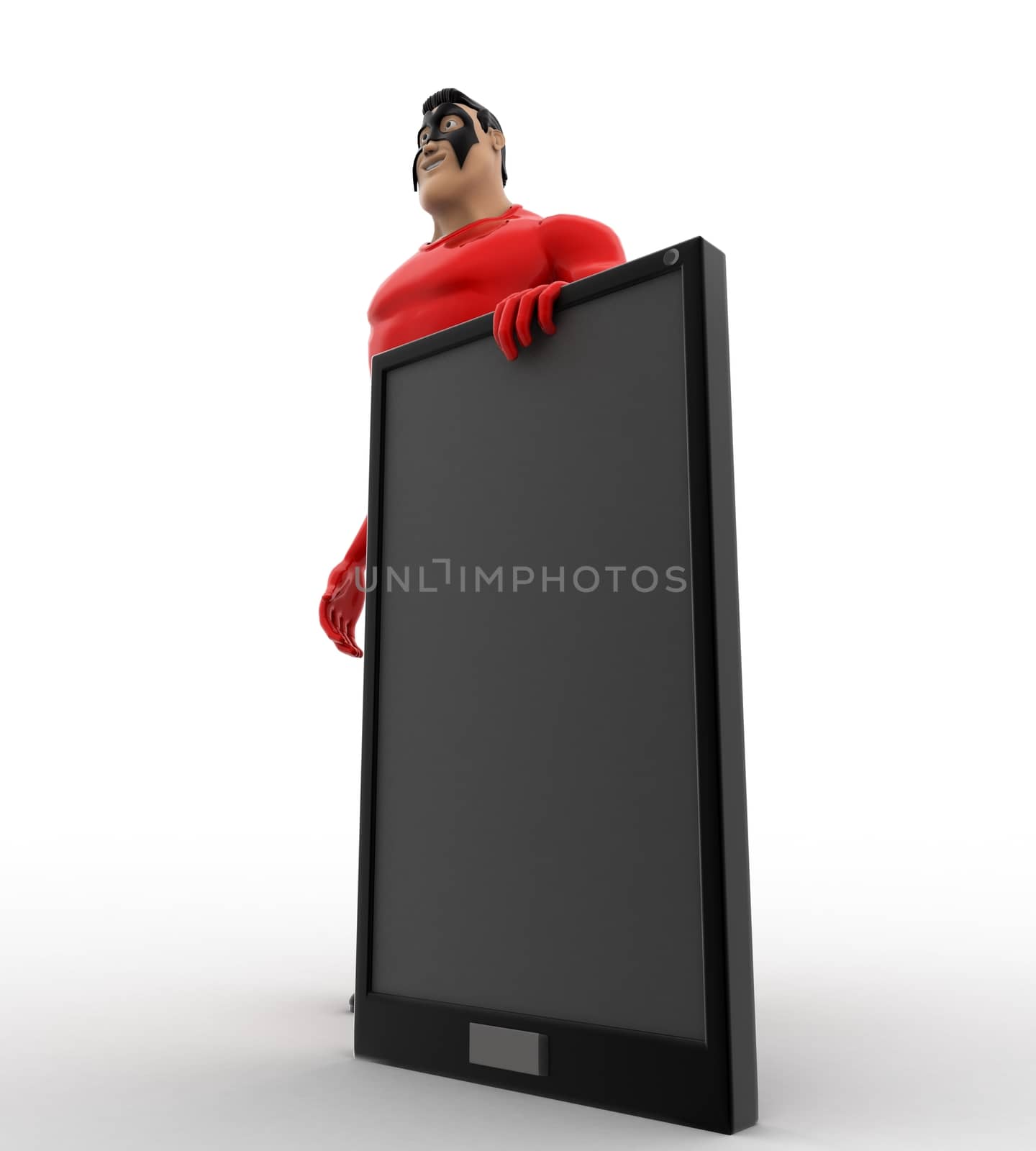3d superhero  with smartphone concept on white background,  side angle view