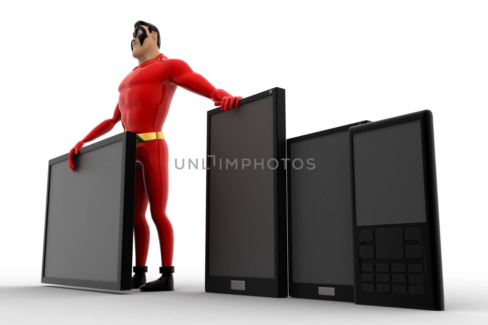 3d superhero  with tablet and touch phones concept by touchmenithin@gmail.com