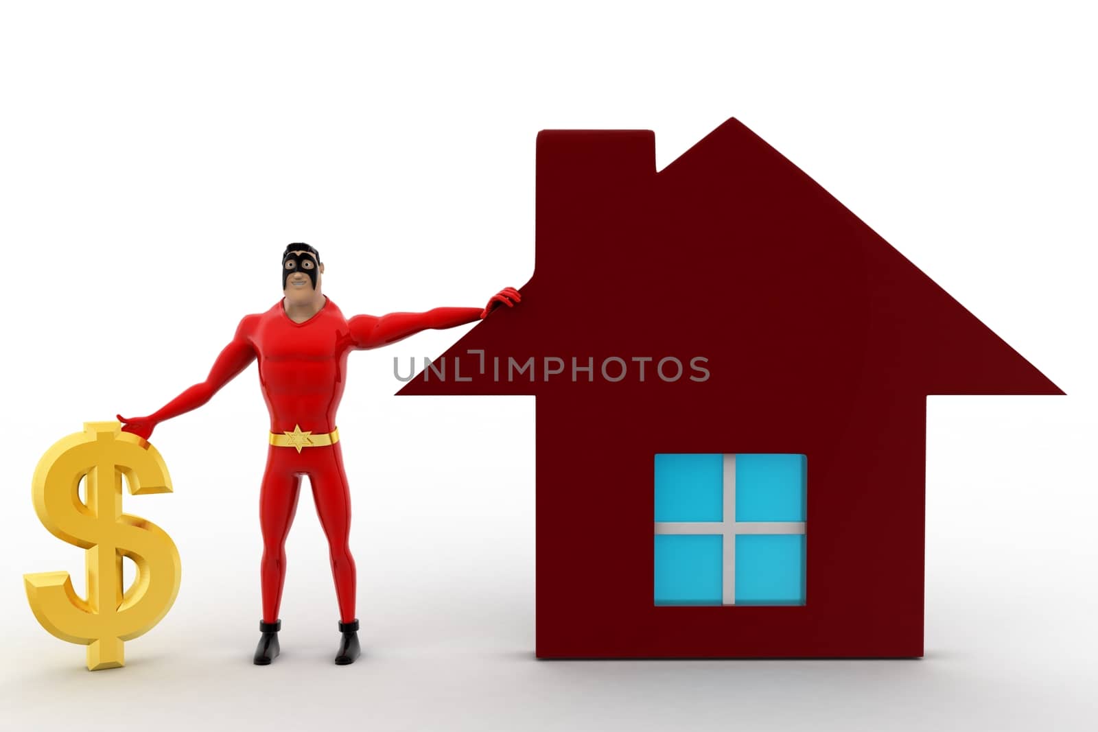 3d superhero  with dollar symbol and home icon concept on white background, front angle view