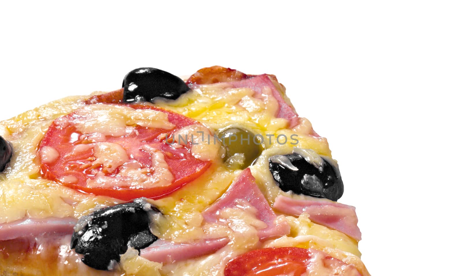 close up of pizza isolated on white background