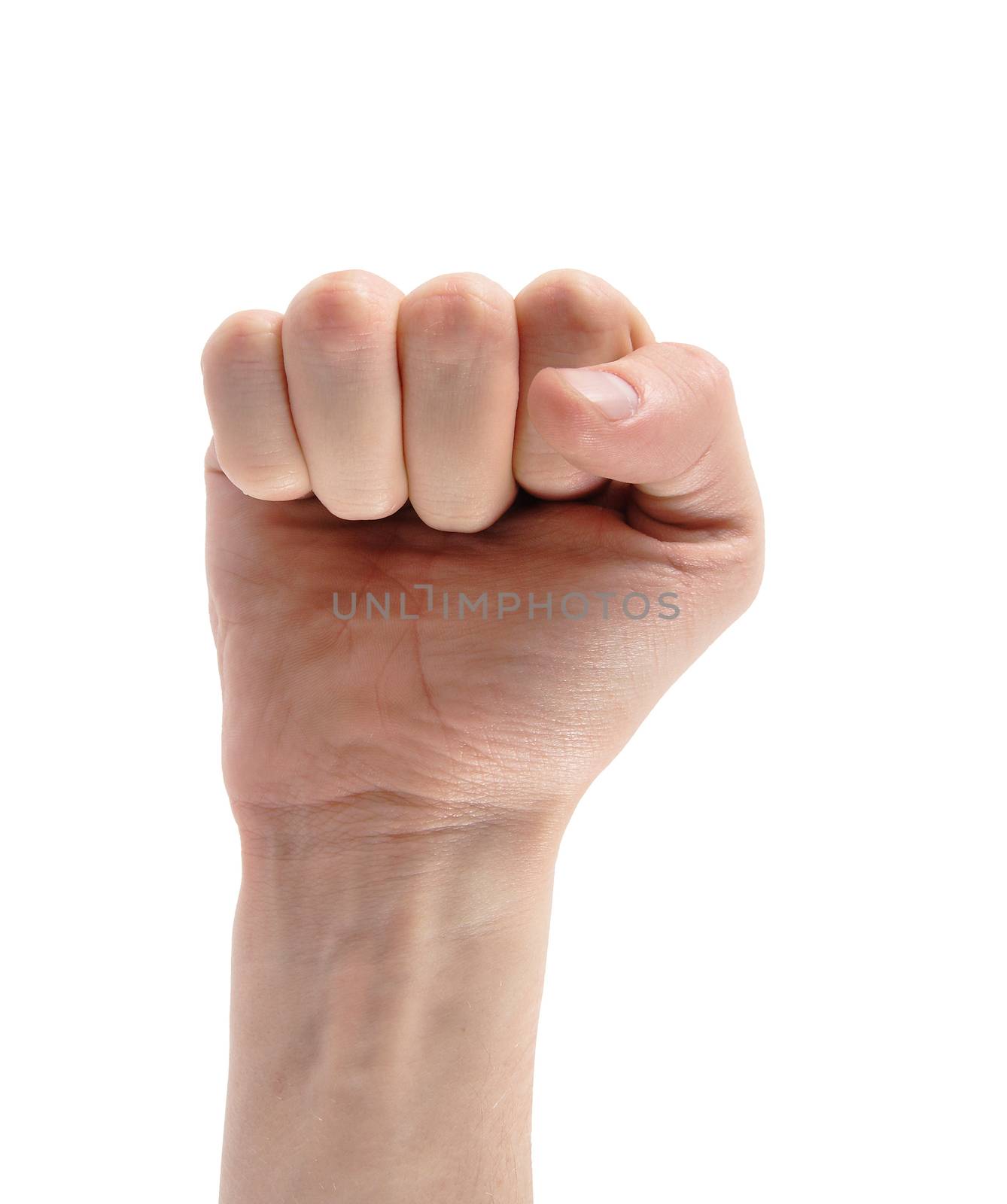 Image of male showing fist isolated over white