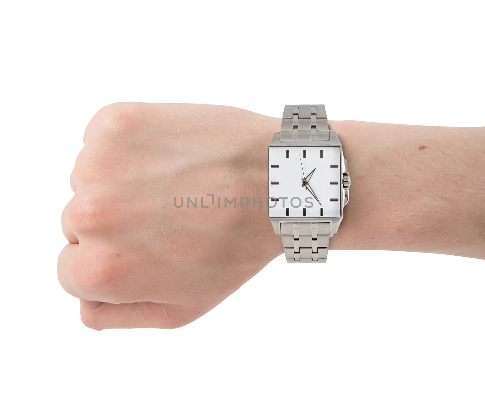 human hand with watch on the white background