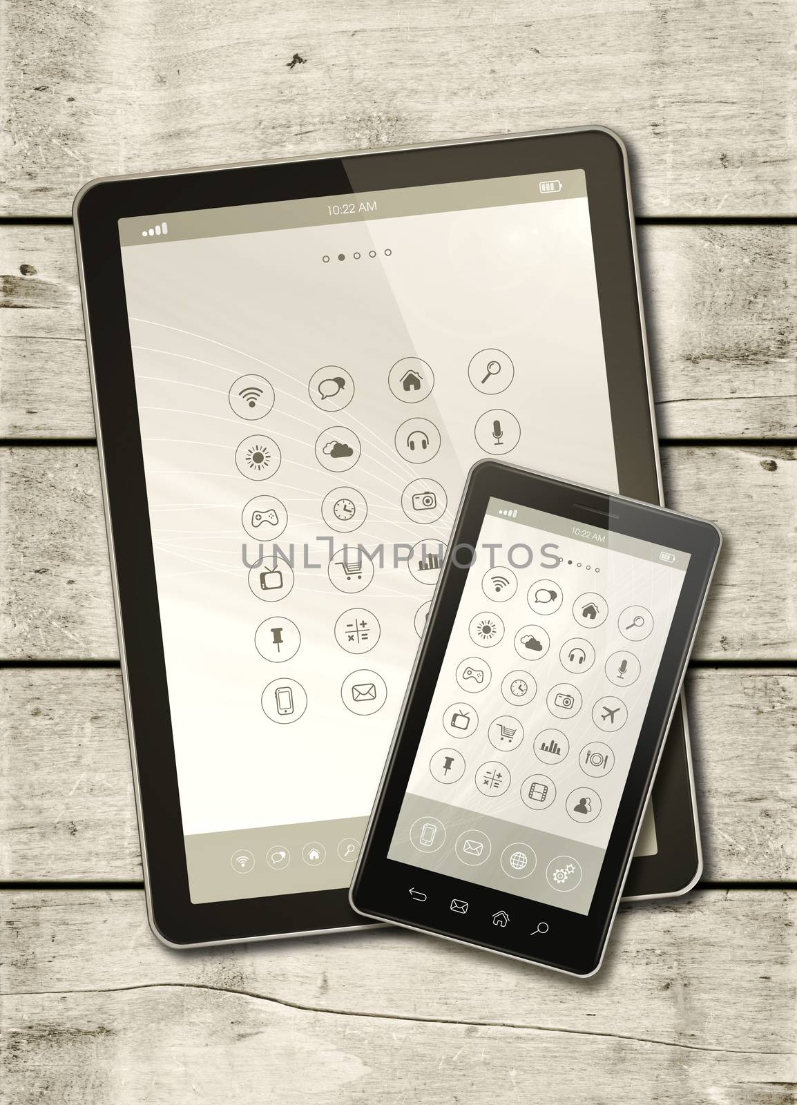 Smartphone and digital tablet PC on a white wood table - vertical office mockup