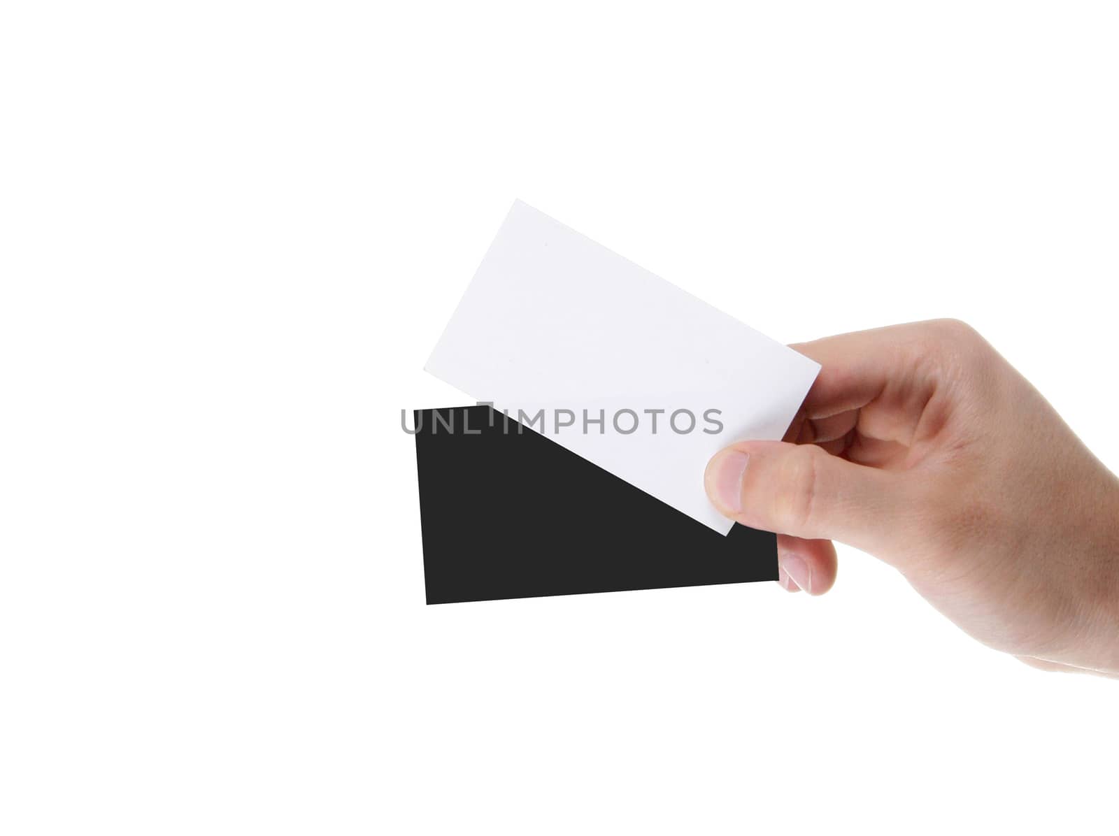 hand holding blank and black business card by ozaiachin