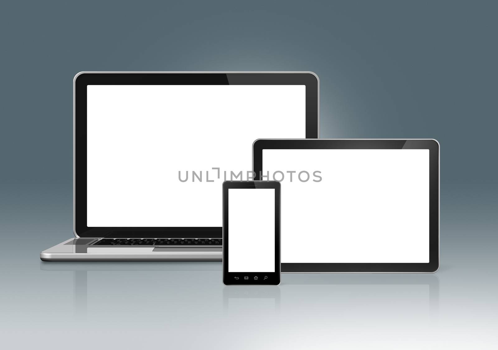3D High Tech laptop, mobile phone and digital tablet pc - isolated on a grey background with clipping path