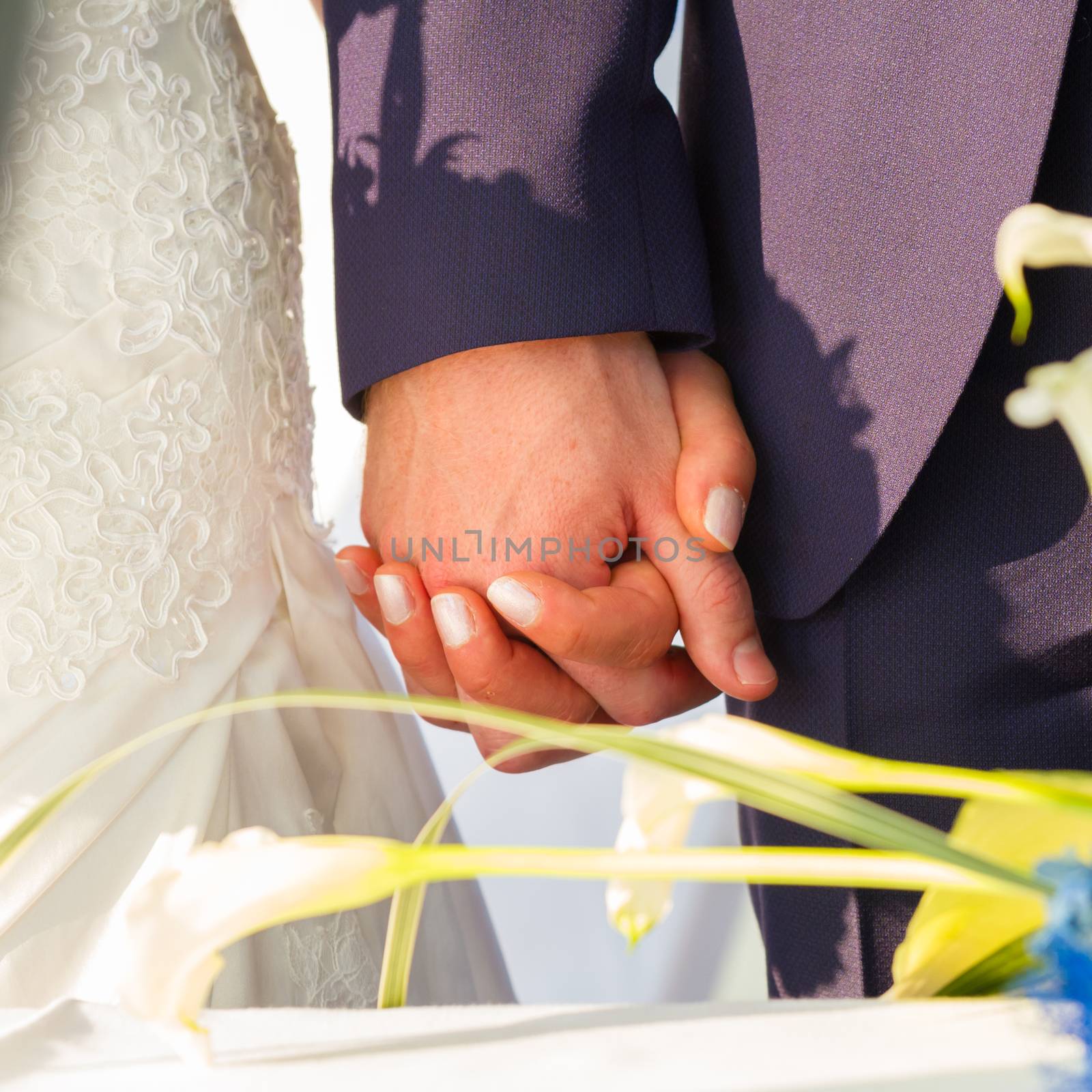 Wedding couple holding hands. Wedding theme, newlyweds.