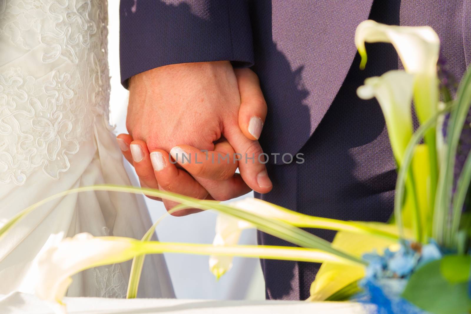 Wedding couple holding hands. Wedding theme, newlyweds.