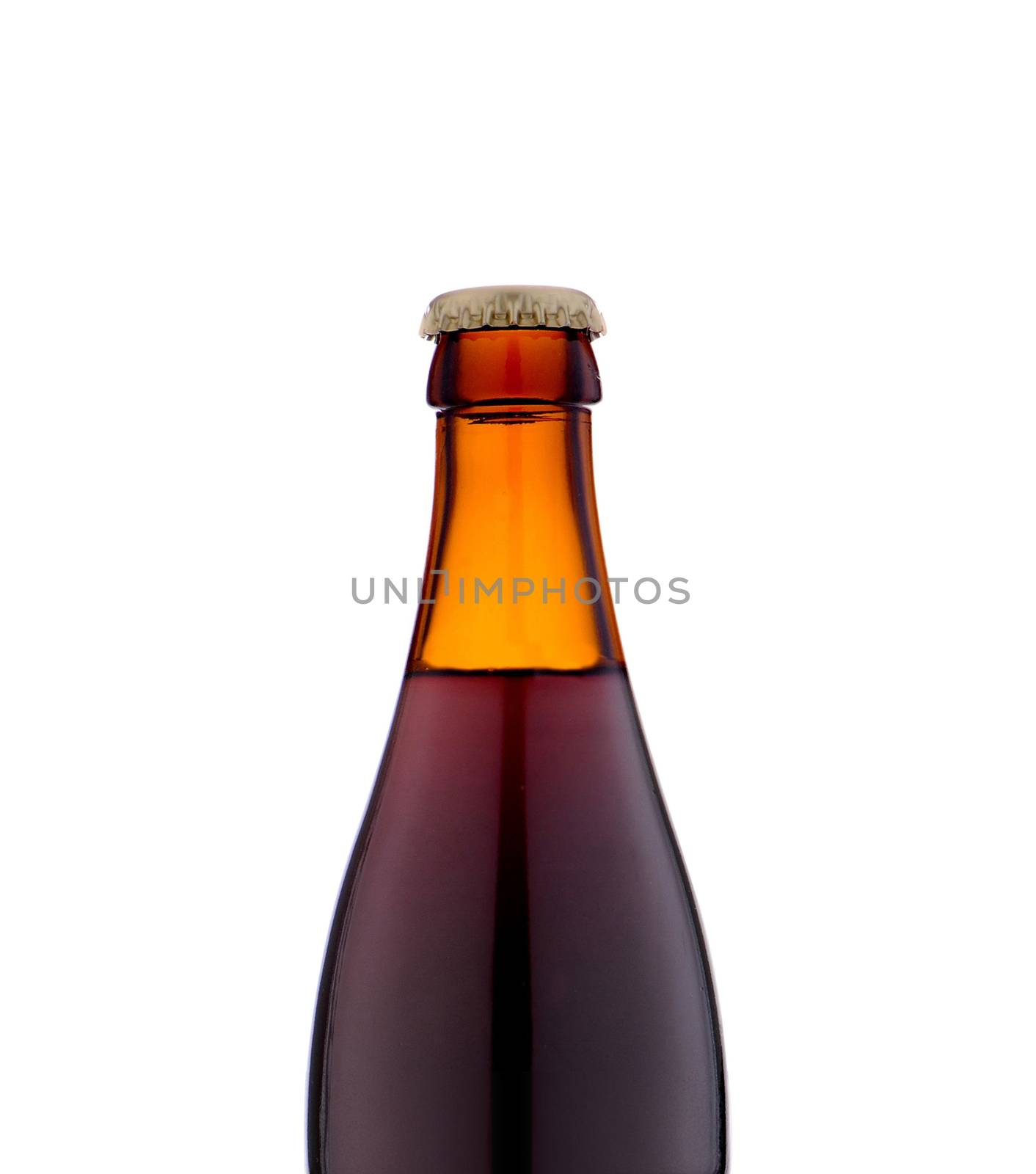 Bottle of beer close up on white background.