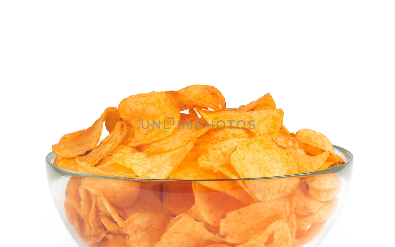 Bowl of potato chips isolated on white background