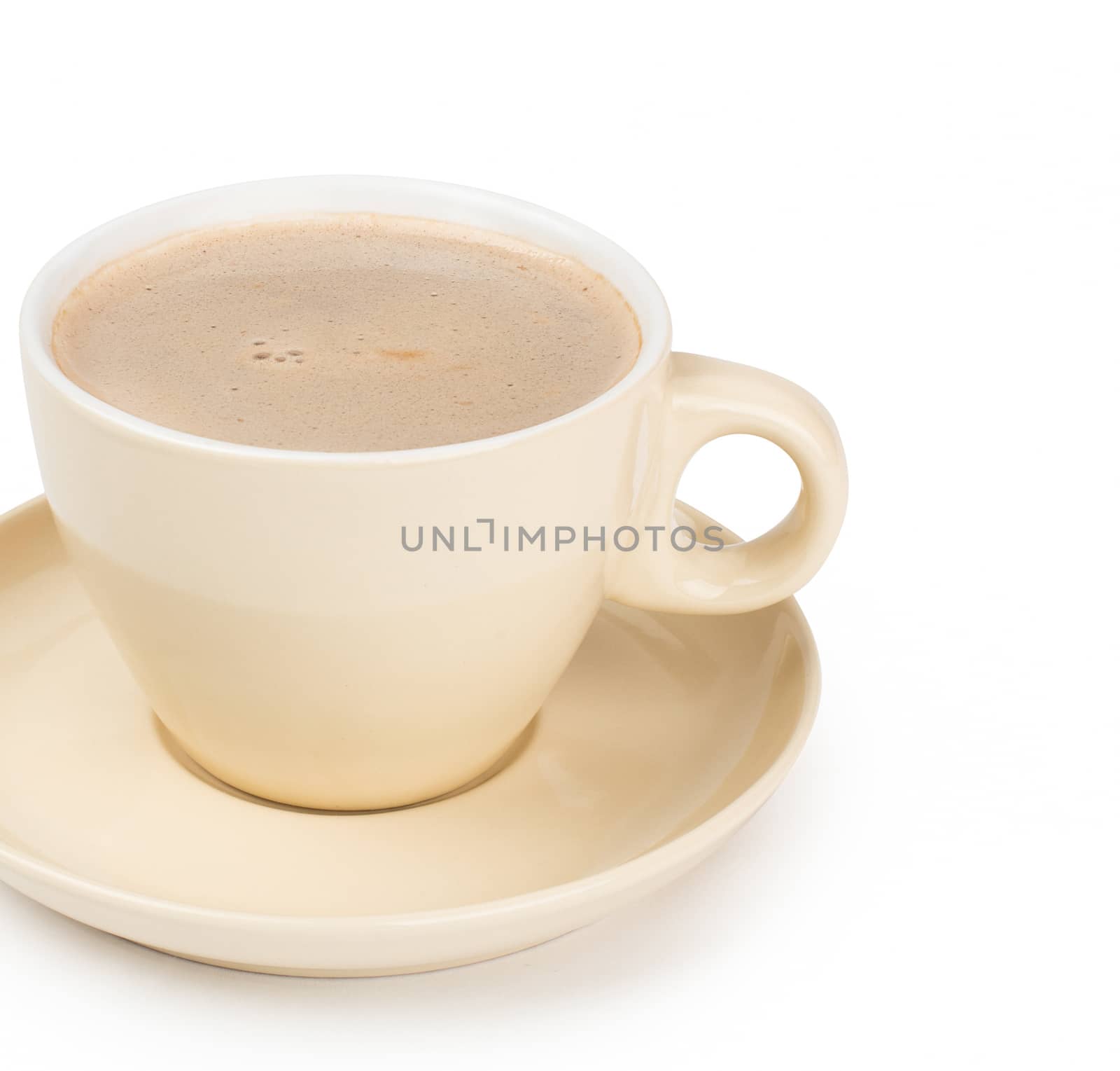 small white cup of cappuccino coffee by ozaiachin