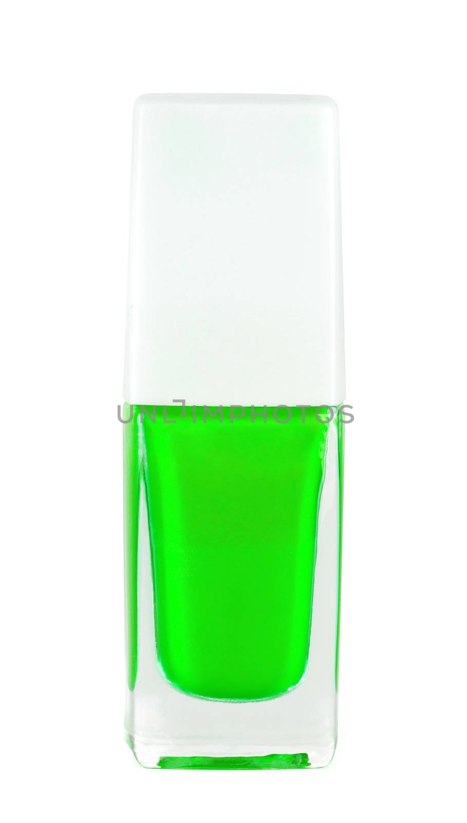 green nail polish bottle on white background