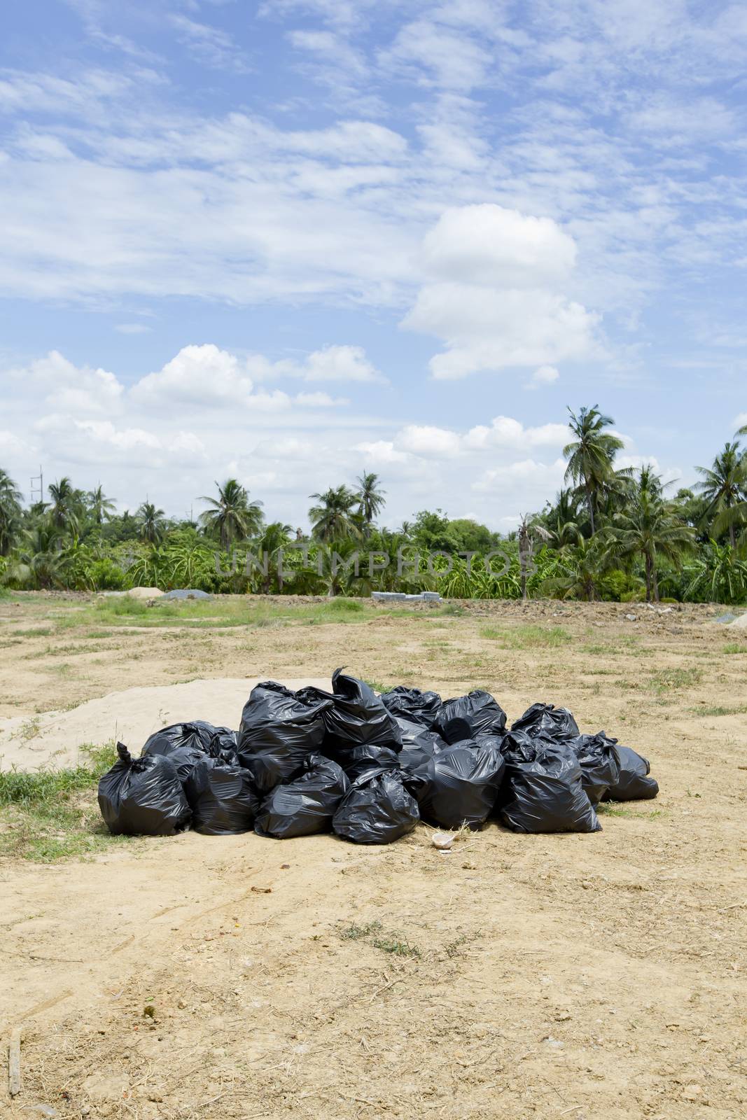 Garage dump of black trash bags.