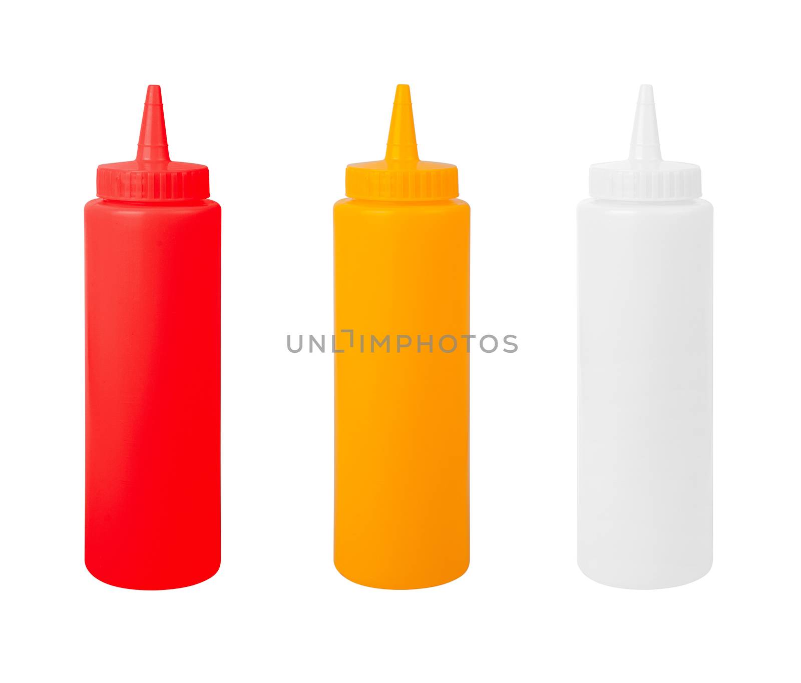 ketchup, mustard and blank bottle on a white background