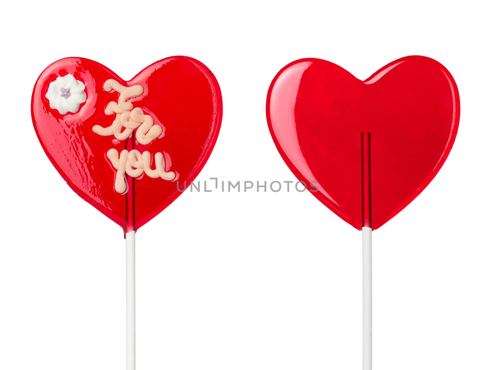 red heart-lollipops isolated on white