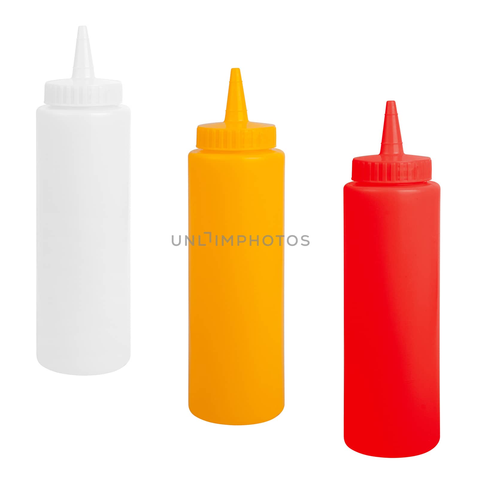 bottles of mustard and ketchup against white background