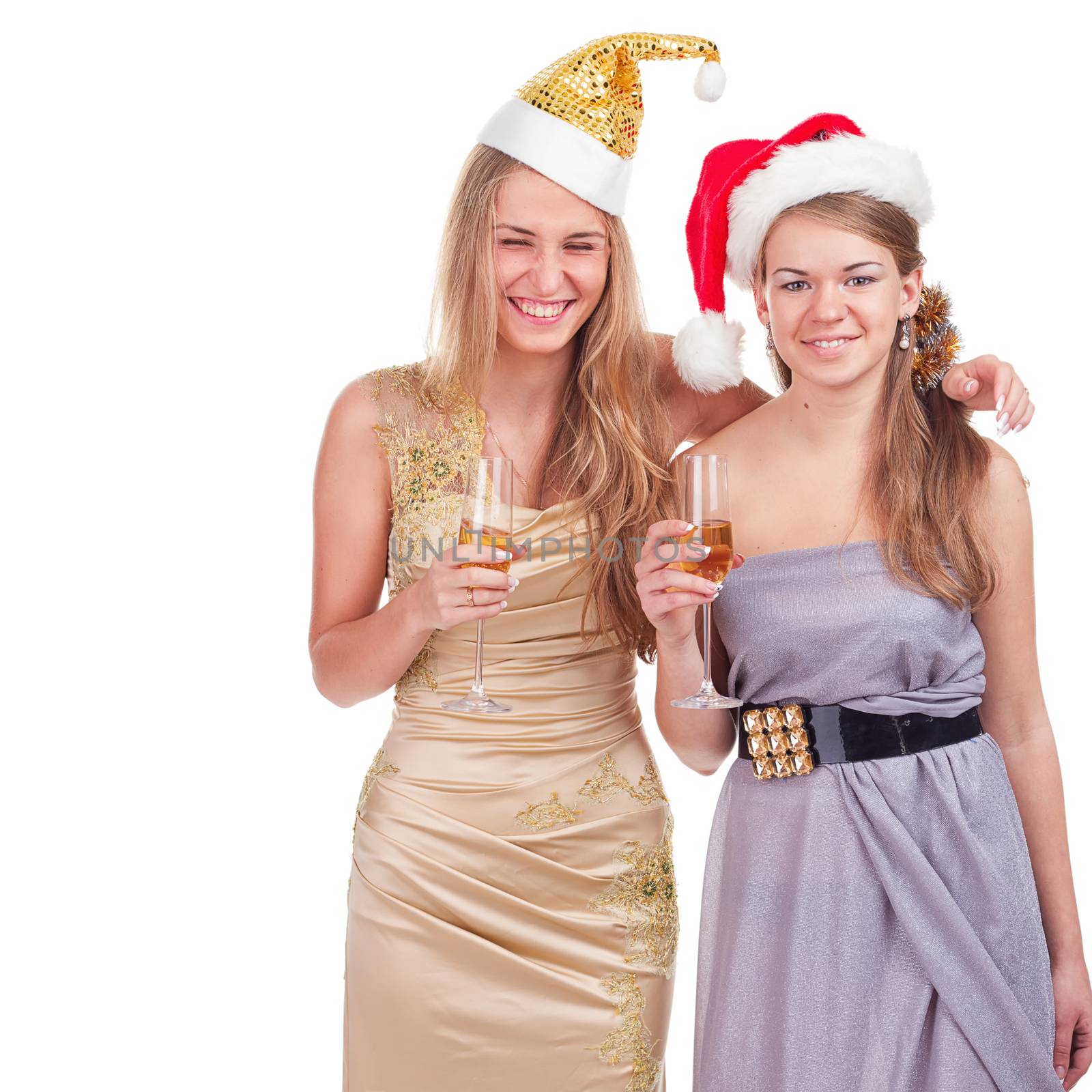 Two drunken girls celebrate with alcohol, isolated on white background