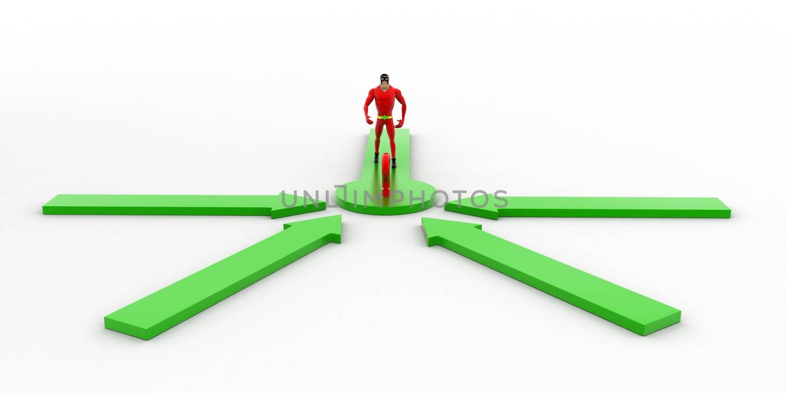 3d superhero  looking at question mark where all arrows are pointing concept on white background, front angle view