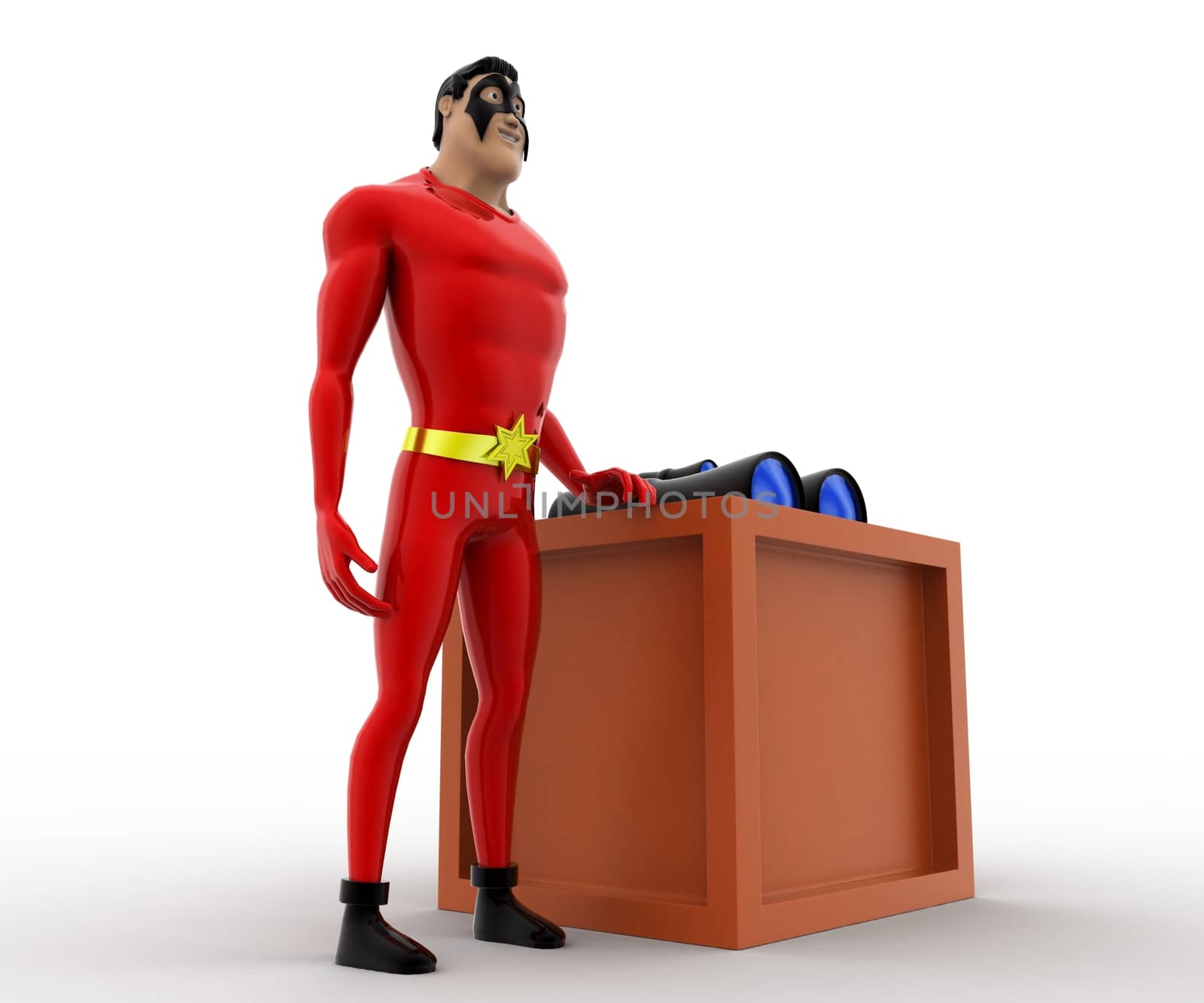 3d superhero  with box and binocular concept on white background, side angle view