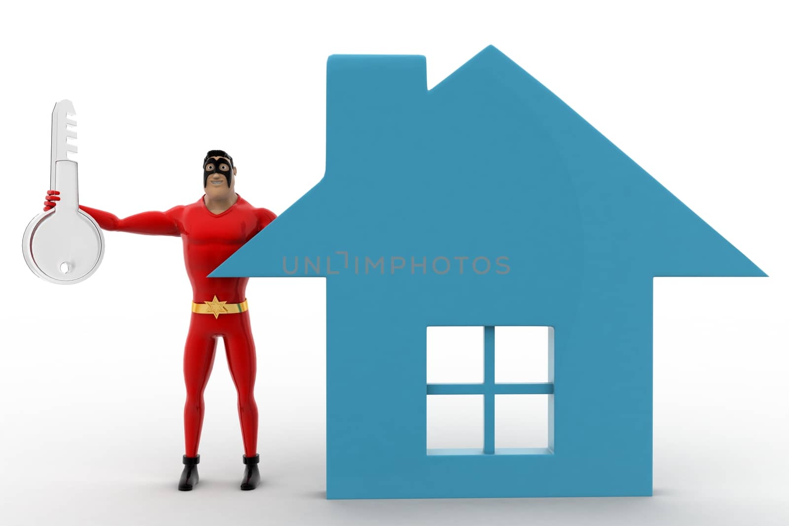 3d superhero  with home icon and key concept on white background, front angle view