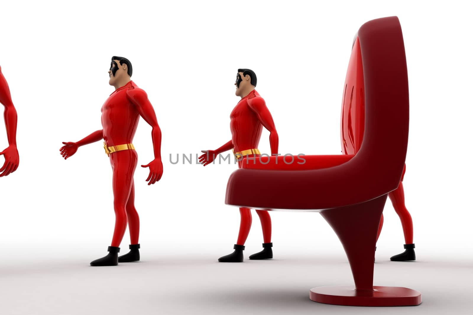 3d superhero  standing in circular queue concept on white background, close angle view