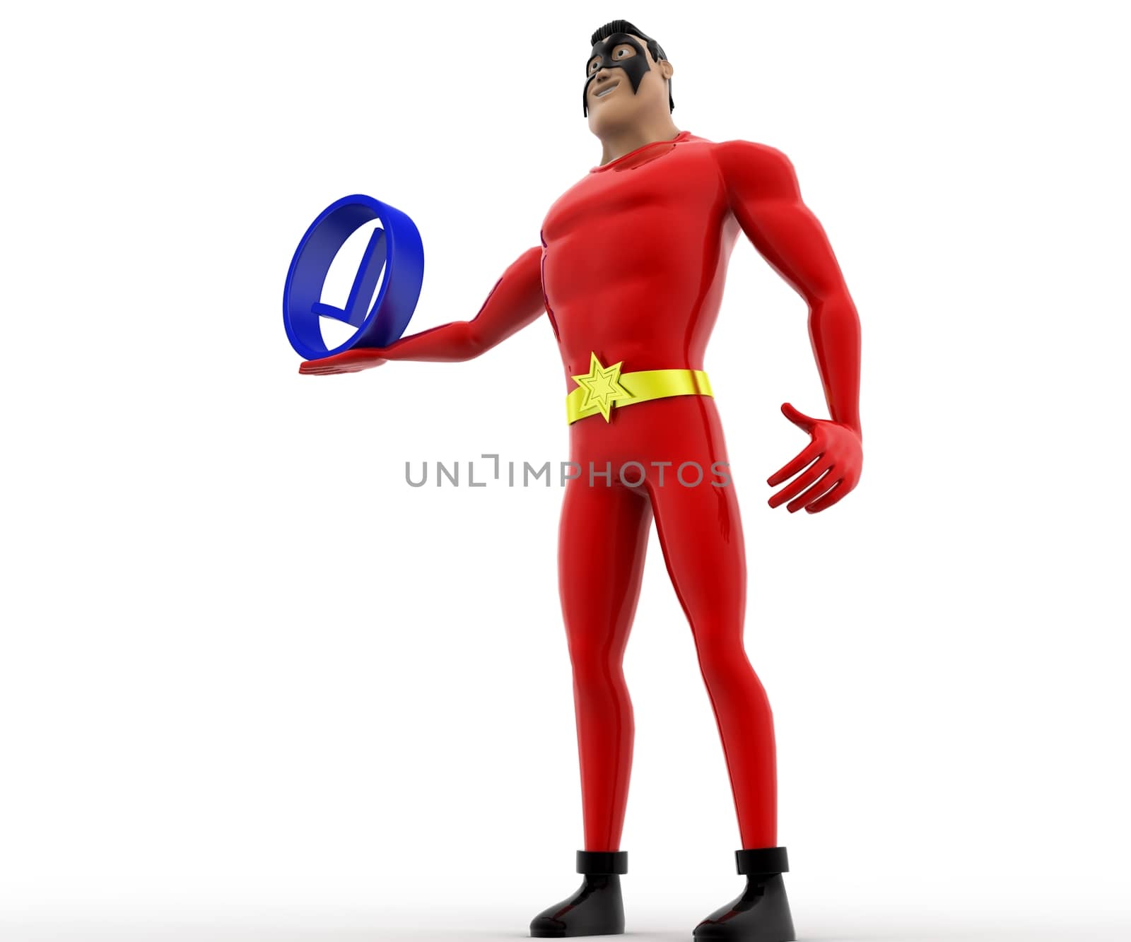 3d superhero  holding blue correct symbol concept by touchmenithin@gmail.com