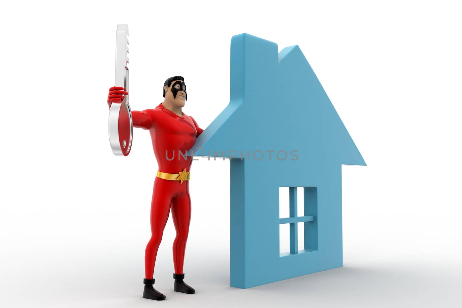 3d superhero  with home icon and key concept by touchmenithin@gmail.com