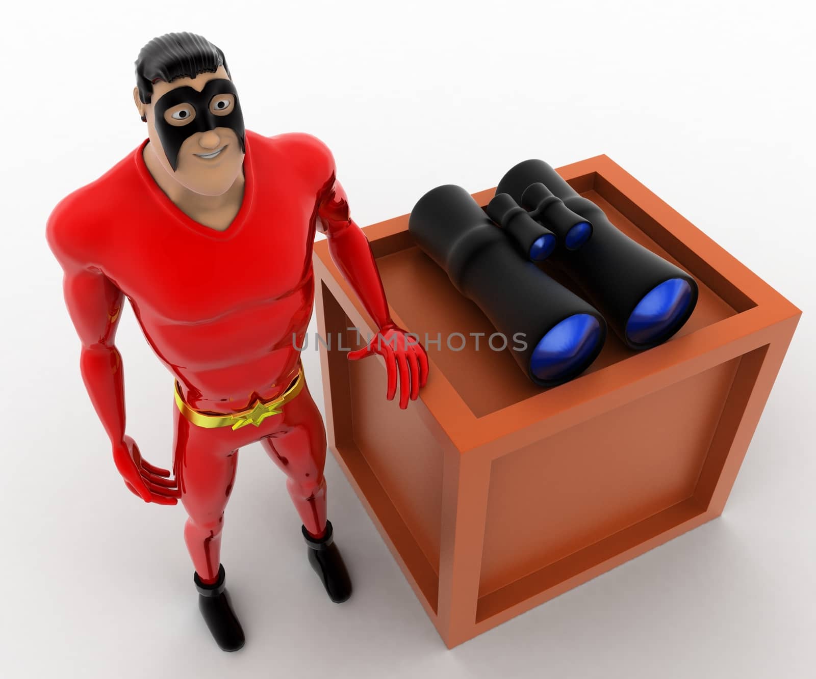 3d superhero  with box and binocular concept by touchmenithin@gmail.com