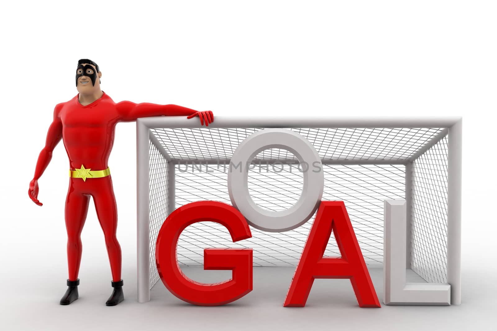 3d superhero  standing beside goal net concept by touchmenithin@gmail.com