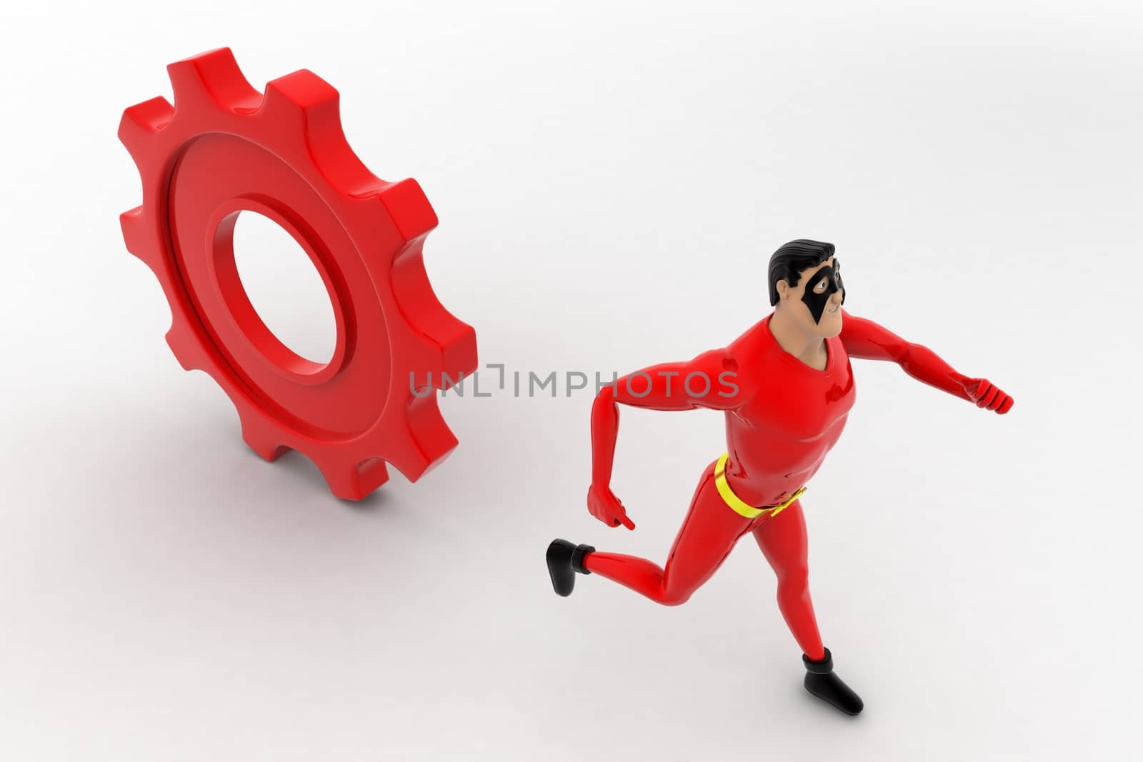 3d superhero  running from rolling big cogwheel concept on white background, top angle view