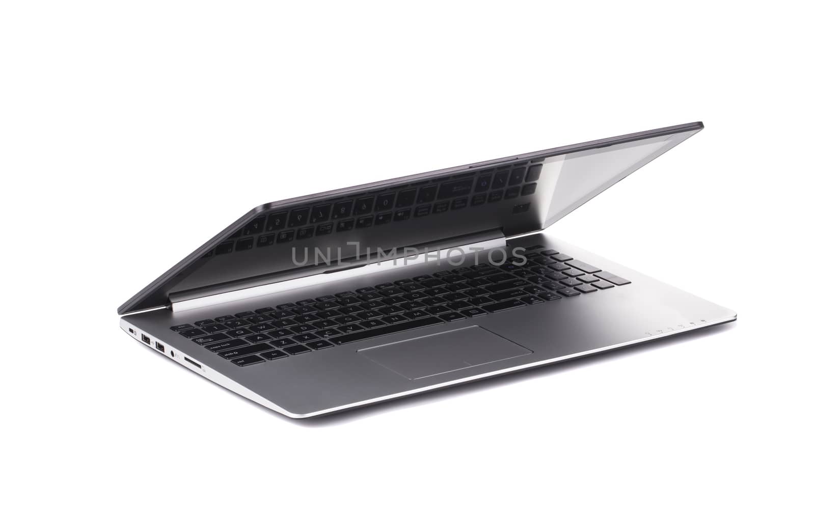 Silver laptop half closed on white background