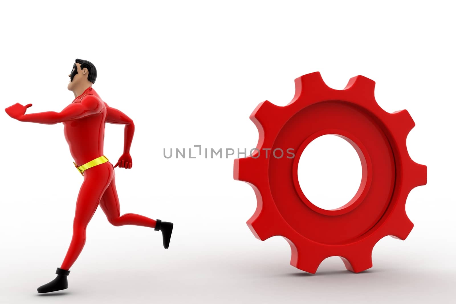 3d superhero  running from rolling big cogwheel concept on white background, front angle view