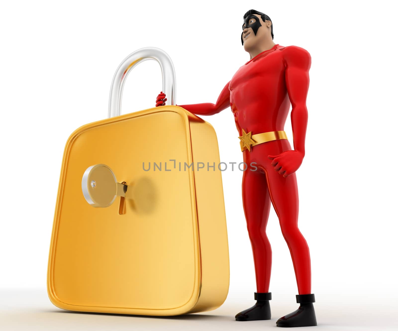 3d superhero  with big golden lock concept on white background,  side angle view