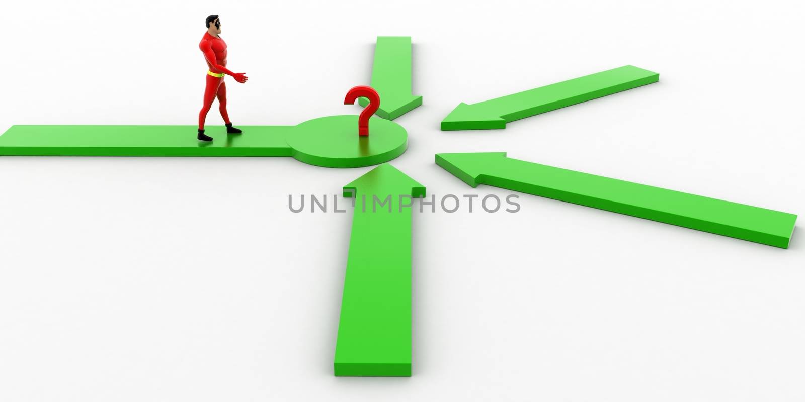 3d superhero  looking at question mark where all arrows are pointing concept by touchmenithin@gmail.com