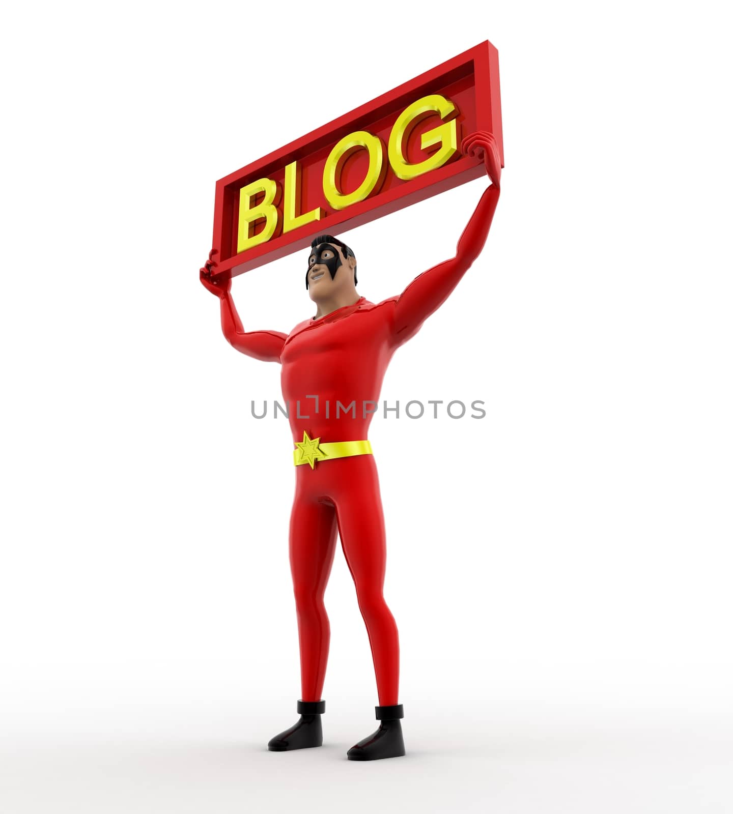 3d superhero  holding blog sign board concept by touchmenithin@gmail.com