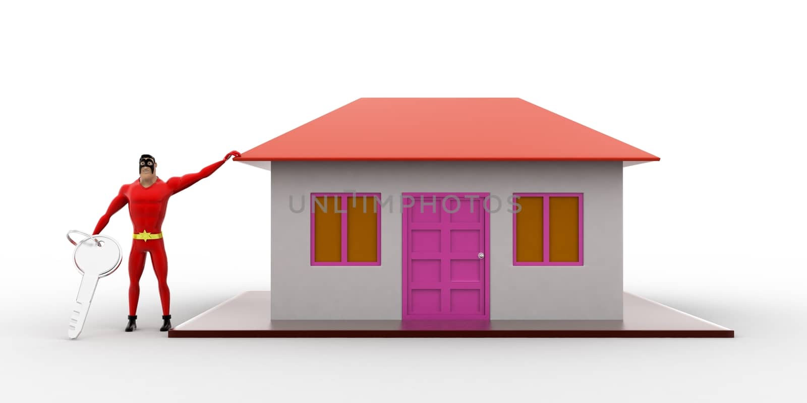 3d superhero  present house for sell and holding key concept on white background, front angle view