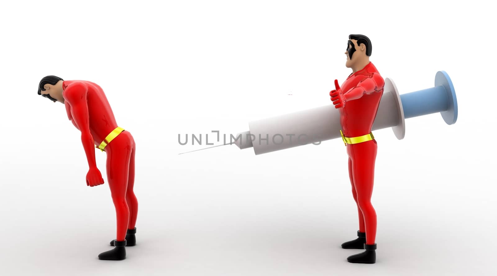 3d superhero  give injection to another superhero  concept on white background, front angle view