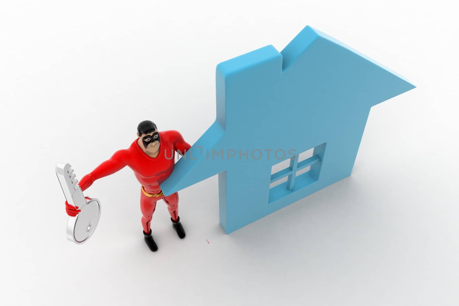 3d superhero  with home icon and key concept on white background, top angle view