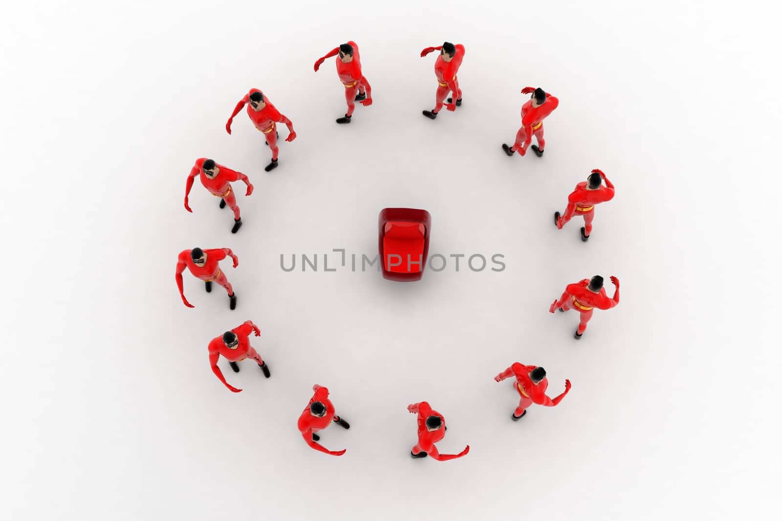 3d superhero  standing in circular queue concept on white background, top angle view