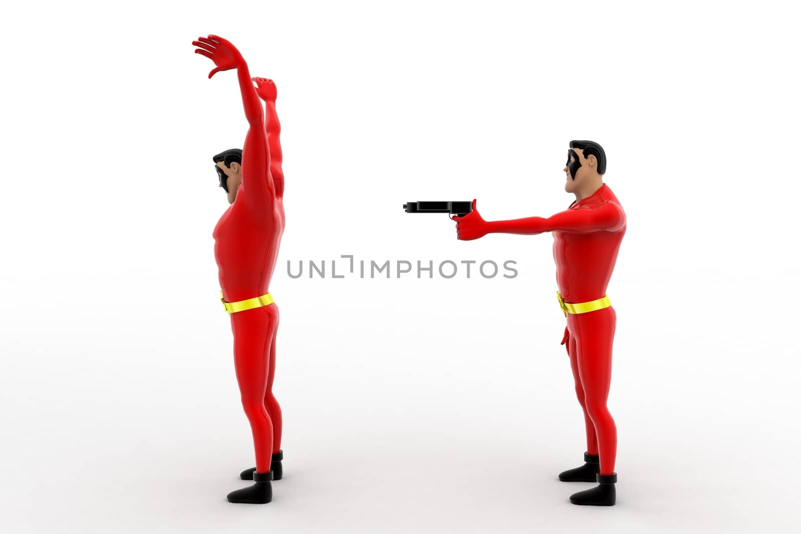 3d superhero  pointing gun at another superhero  to rob concept by touchmenithin@gmail.com